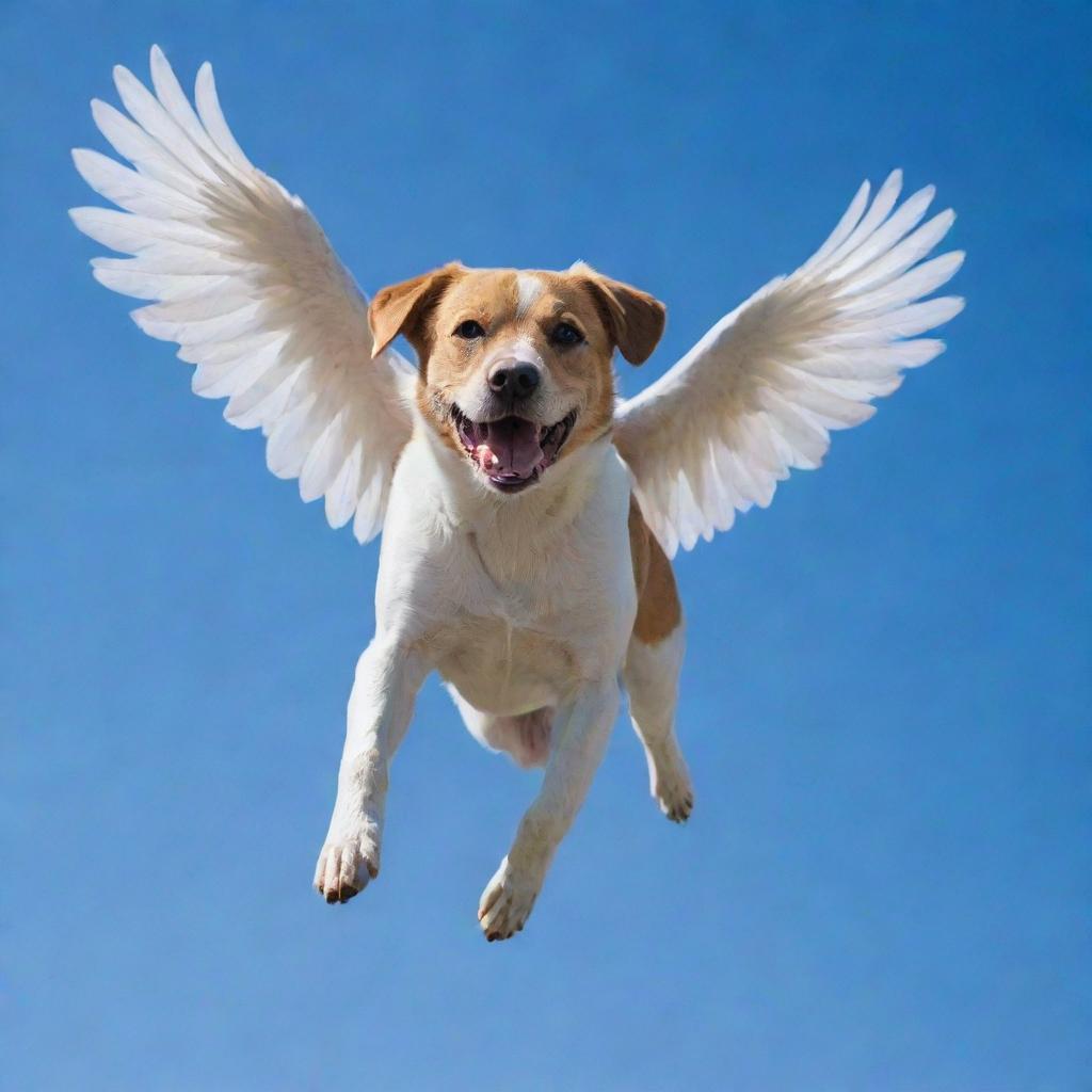 A dog with wings soaring through a clear blue sky