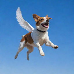 A dog with wings soaring through a clear blue sky