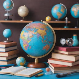 A vibrant, engaging and educational scene filled with various learning materials such as books, globes, microscopes, and mathematical formulas.