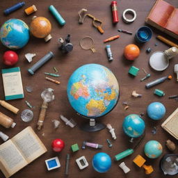 A vibrant, engaging and educational scene filled with various learning materials such as books, globes, microscopes, and mathematical formulas.