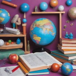 A vibrant, engaging and educational scene filled with various learning materials such as books, globes, microscopes, and mathematical formulas.