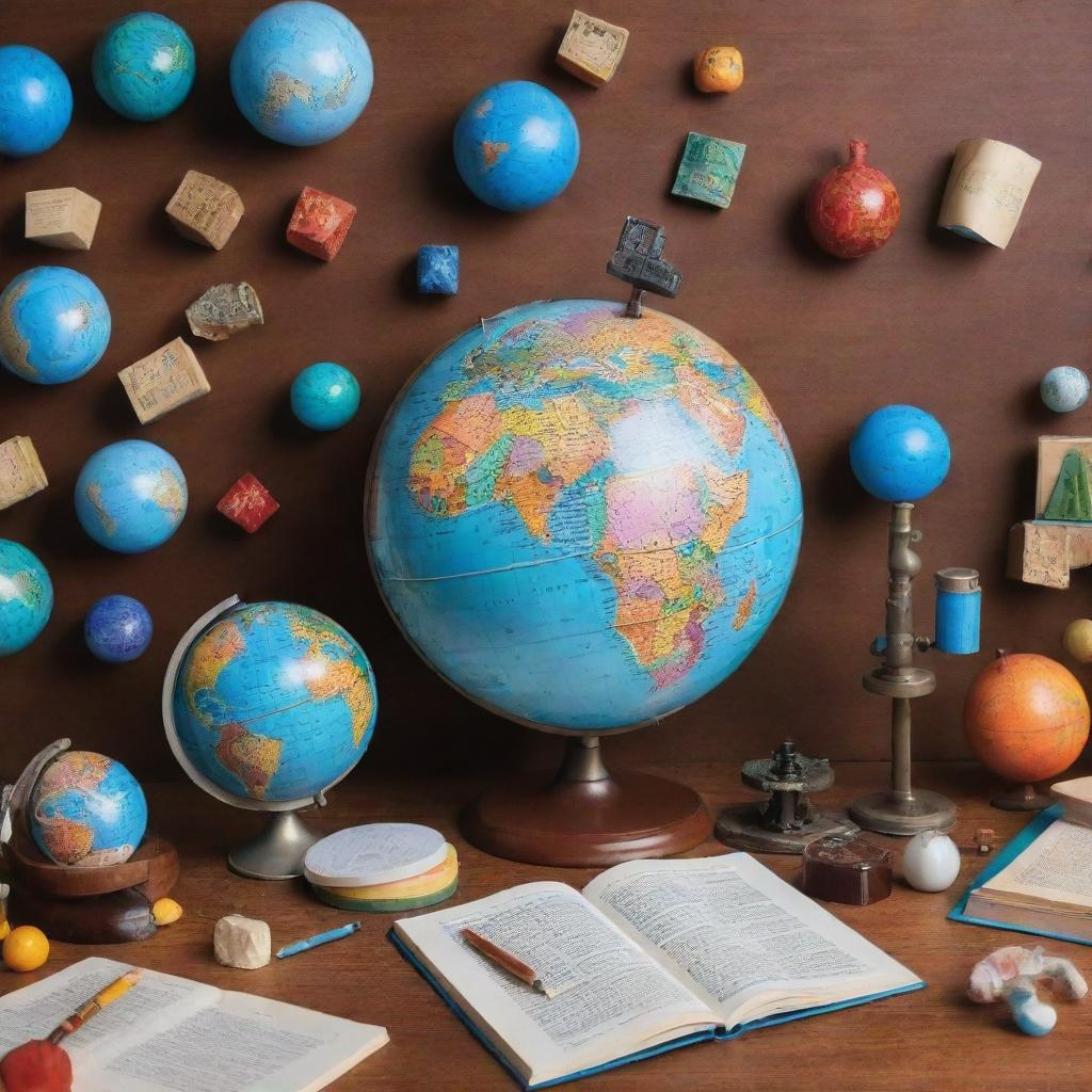 A vibrant, engaging and educational scene filled with various learning materials such as books, globes, microscopes, and mathematical formulas.