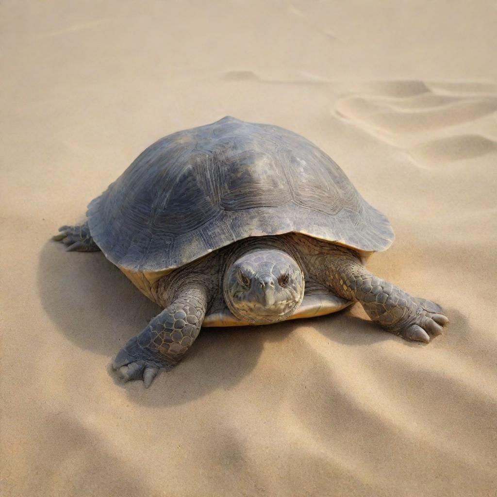 A realistic turtle without a shell, carefully detailed skin and features, on a background of soft sand