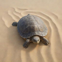 A realistic turtle without a shell, carefully detailed skin and features, on a background of soft sand