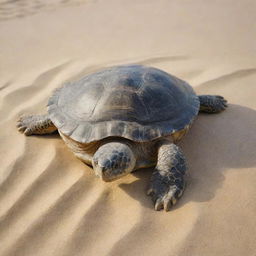 A realistic turtle without a shell, carefully detailed skin and features, on a background of soft sand