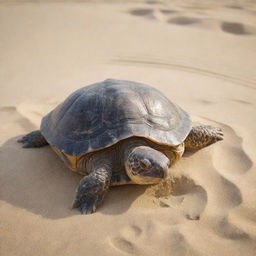 A realistic turtle without a shell, carefully detailed skin and features, on a background of soft sand