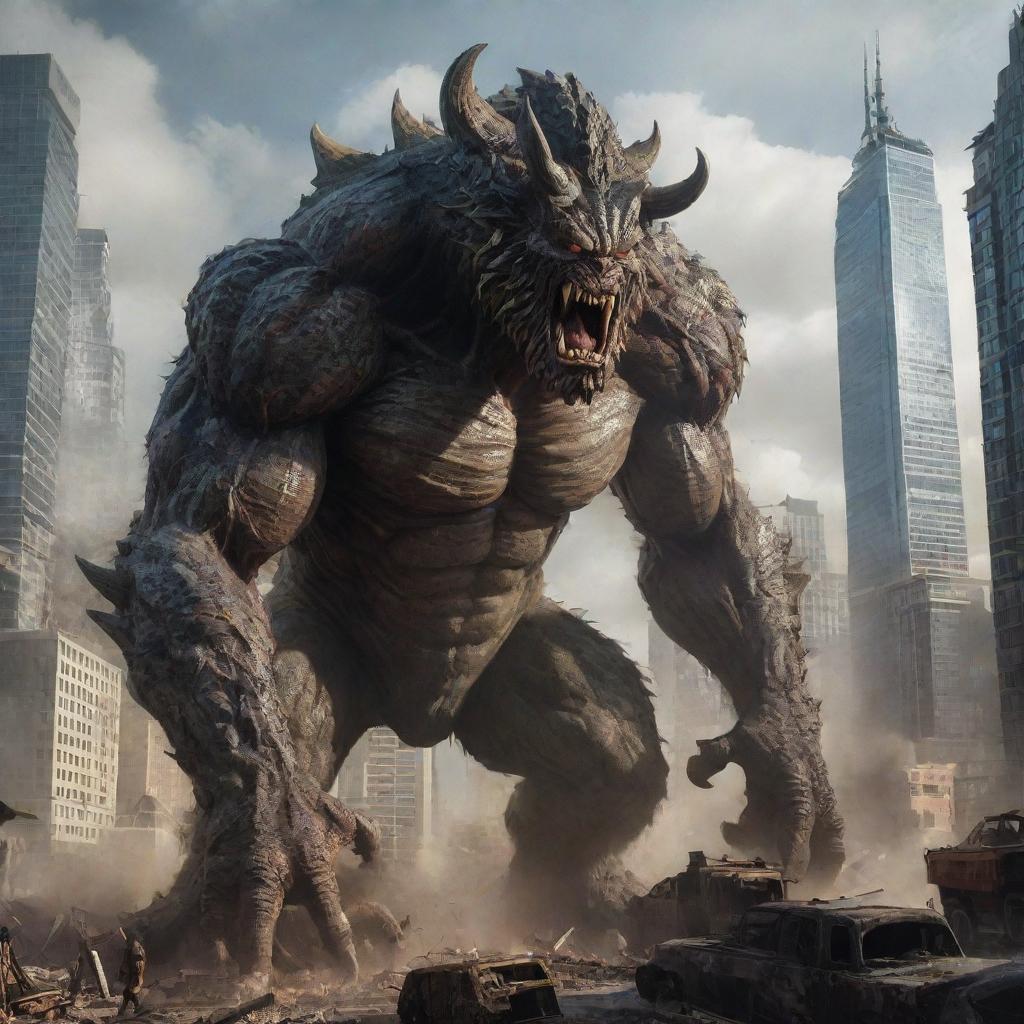 A gigantic, fear-inspiring monster rampaging through a sprawling city with skyscrapers, causing destruction and mayhem all around.