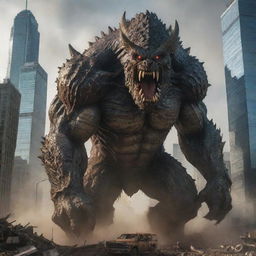 A gigantic, fear-inspiring monster rampaging through a sprawling city with skyscrapers, causing destruction and mayhem all around.