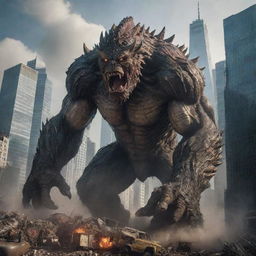 A gigantic, fear-inspiring monster rampaging through a sprawling city with skyscrapers, causing destruction and mayhem all around.