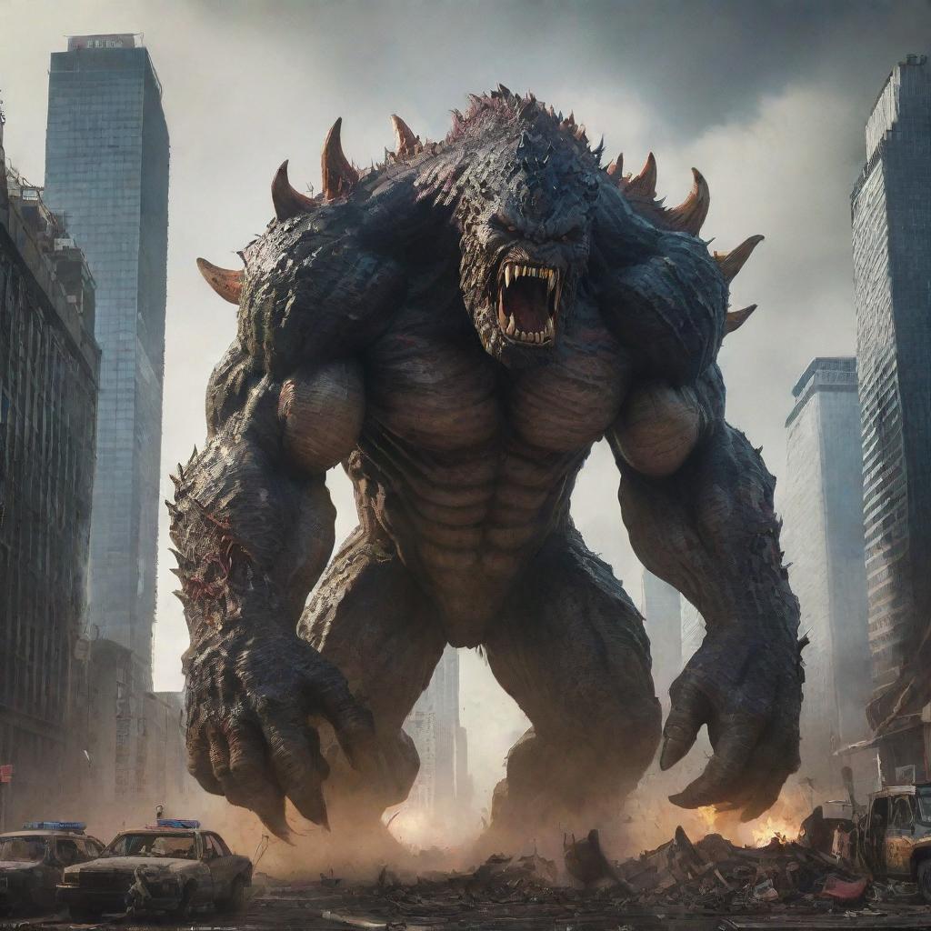 A gigantic, fear-inspiring monster rampaging through a sprawling city with skyscrapers, causing destruction and mayhem all around.