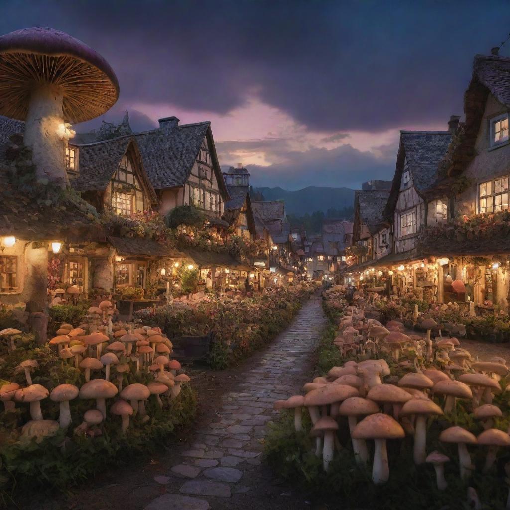 A vibrant and bustling town comprised entirely of various species of mushrooms, illuminated under a cinematic twilight sky.