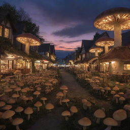 A vibrant and bustling town comprised entirely of various species of mushrooms, illuminated under a cinematic twilight sky.