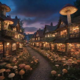 A vibrant and bustling town comprised entirely of various species of mushrooms, illuminated under a cinematic twilight sky.