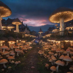 A vibrant and bustling town comprised entirely of various species of mushrooms, illuminated under a cinematic twilight sky.