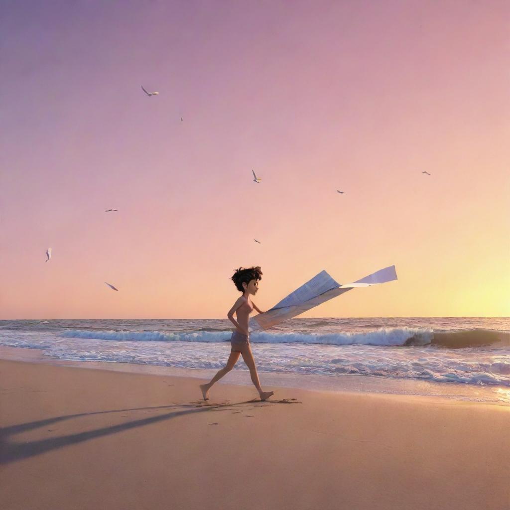 Animated character in pursuit of loose papers being swept by the wind into the ocean, standing at the edge of a beach bathed in the colors of sunset.