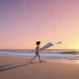 Animated character in pursuit of loose papers being swept by the wind into the ocean, standing at the edge of a beach bathed in the colors of sunset.