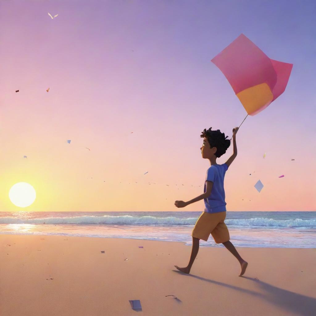 Animated character in pursuit of loose papers being swept by the wind into the ocean, standing at the edge of a beach bathed in the colors of sunset.