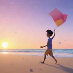 Animated character in pursuit of loose papers being swept by the wind into the ocean, standing at the edge of a beach bathed in the colors of sunset.