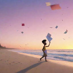 Animated character in pursuit of loose papers being swept by the wind into the ocean, standing at the edge of a beach bathed in the colors of sunset.