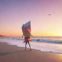 Animated character in pursuit of loose papers being swept by the wind into the ocean, standing at the edge of a beach bathed in the colors of sunset.