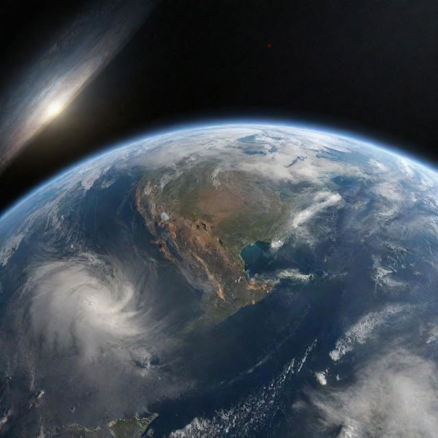 Dramatic scene of earth viewed from space in which a cataclysmic event is causing significant damage and disturbance to the planet.