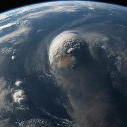 Dramatic scene of earth viewed from space in which a cataclysmic event is causing significant damage and disturbance to the planet.