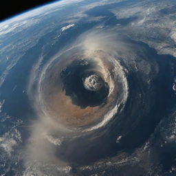 Dramatic scene of earth viewed from space in which a cataclysmic event is causing significant damage and disturbance to the planet.