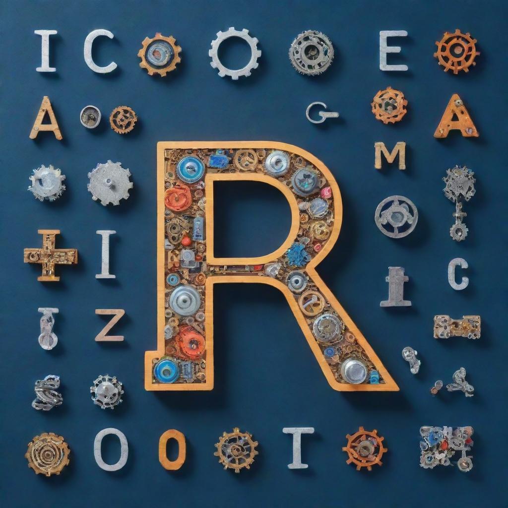 Create an alphabet where each letter is designed with elements and themes of science and technology. Include gears, circuits, microscopes, atoms, and other tech and scientific symbols.