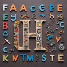 Create an alphabet where each letter is designed with elements and themes of science and technology. Include gears, circuits, microscopes, atoms, and other tech and scientific symbols.