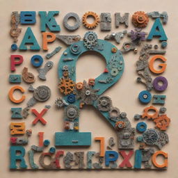 Create an alphabet where each letter is designed with elements and themes of science and technology. Include gears, circuits, microscopes, atoms, and other tech and scientific symbols.