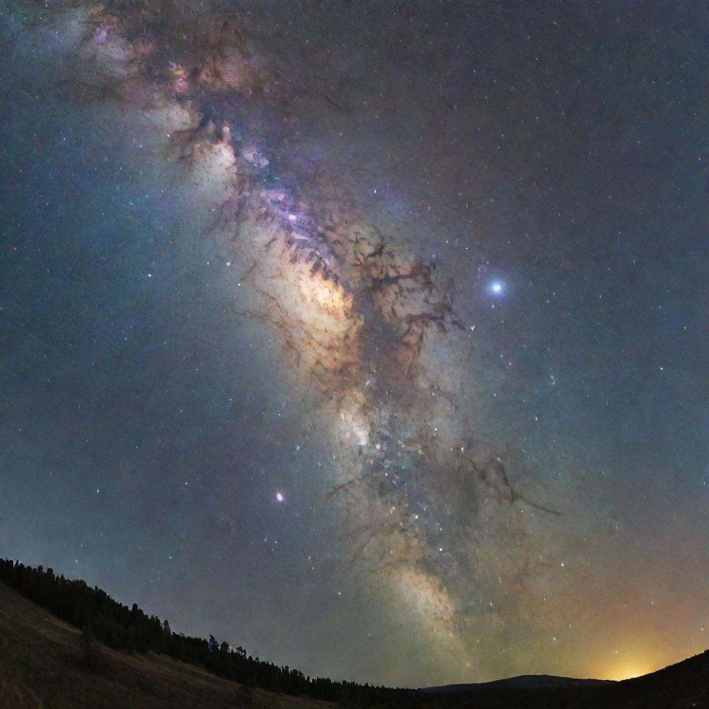 A panoramic view of the entire Milky Way galaxy, with its spiraling arcs of stars and brilliant celestial colors.