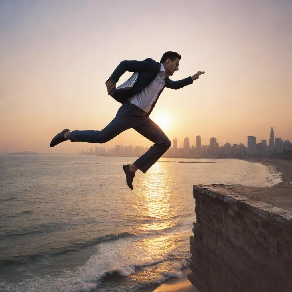 Animated man leaping off the edge of a city's marine drive, chasing after pages ripped from a book, set against a beautiful sunset.