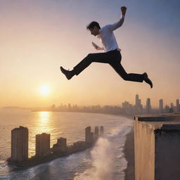 Animated man leaping off the edge of a city's marine drive, chasing after pages ripped from a book, set against a beautiful sunset.