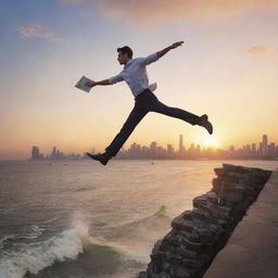 Animated man leaping off the edge of a city's marine drive, chasing after pages ripped from a book, set against a beautiful sunset.