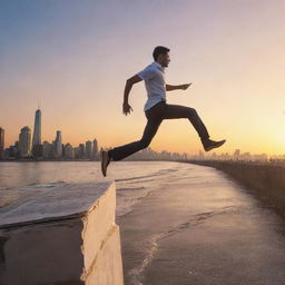 Animated man leaping off the edge of a city's marine drive, chasing after pages ripped from a book, set against a beautiful sunset.