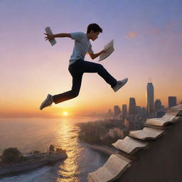 Artistic depiction of an animated teenager leaping off the edge of a city's marine drive, chasing after torn pages of a book in a stunning sunset setting.