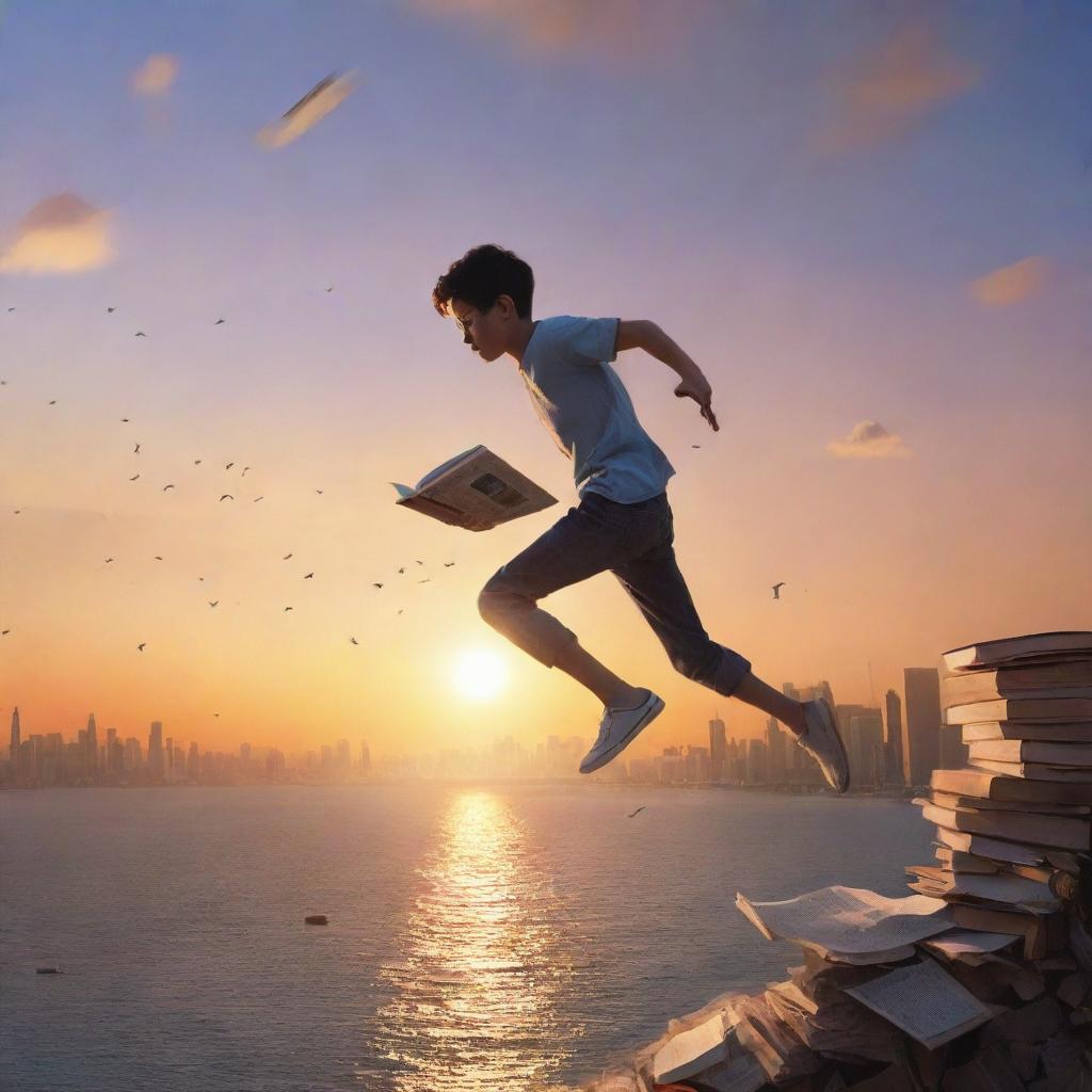 Artistic depiction of an animated teenager leaping off the edge of a city's marine drive, chasing after torn pages of a book in a stunning sunset setting.