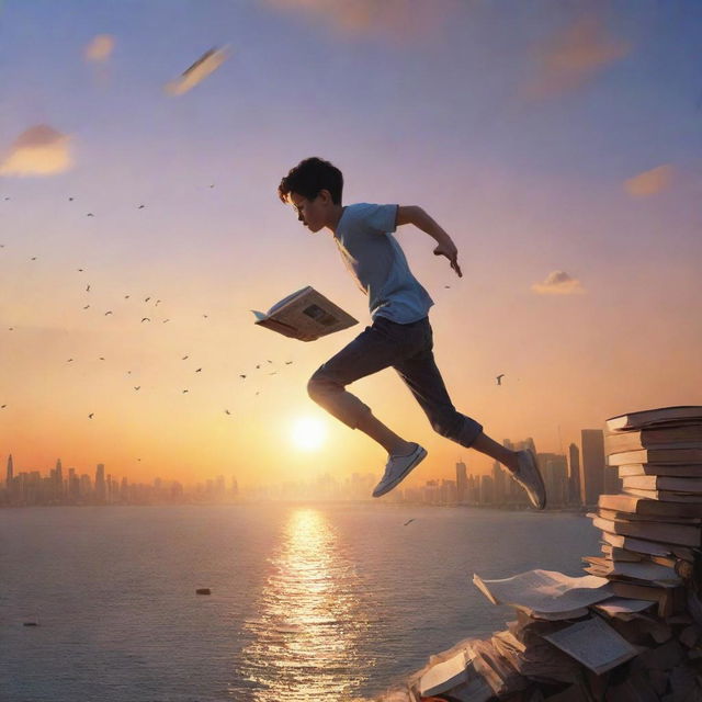 Artistic depiction of an animated teenager leaping off the edge of a city's marine drive, chasing after torn pages of a book in a stunning sunset setting.