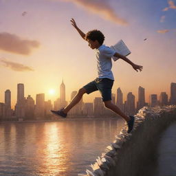 Artistic depiction of an animated teenager leaping off the edge of a city's marine drive, chasing after torn pages of a book in a stunning sunset setting.