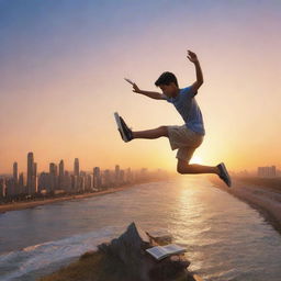 Artistic depiction of an animated teenager leaping off the edge of a city's marine drive, chasing after torn pages of a book in a stunning sunset setting.