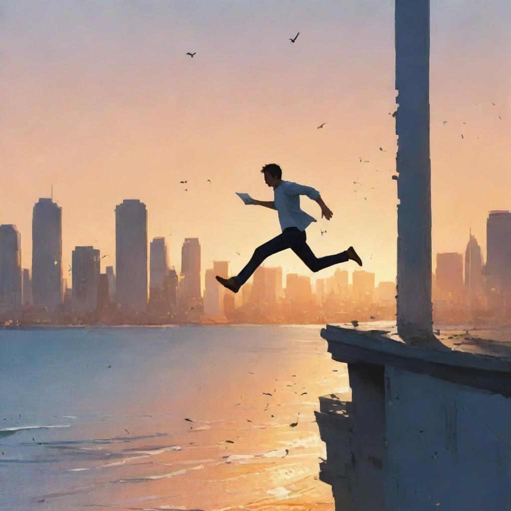 Artwork in the style of Pascal Campion depicting a man leaping from the edge of a city's marine drive, chasing after pages torn from a book in a sunset setting