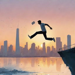 Artwork in the style of Pascal Campion depicting a man leaping from the edge of a city's marine drive, chasing after pages torn from a book in a sunset setting