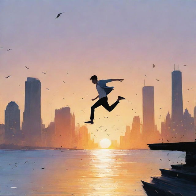 Artwork in the style of Pascal Campion depicting a man leaping from the edge of a city's marine drive, chasing after pages torn from a book in a sunset setting