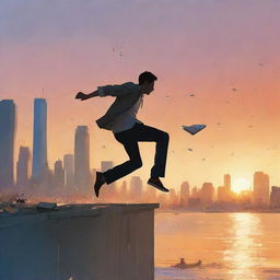 Artwork in the style of Pascal Campion depicting a man leaping from the edge of a city's marine drive, chasing after pages torn from a book in a sunset setting