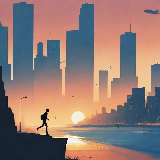 Illustration in the style of Pascal Campion showing a man tripping off the edge of a city's marine drive, chasing after flying papers in a sunset setting.