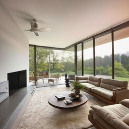 A spacious and elegantly designed modern living room with large windows, contemporary furniture, and a minimalistic decor bathed in natural light.