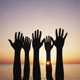 A diverse group of people coming together, hands held high, forming a human chain, signifying solidarity. The background showcases a sunrise, symbolizing a new beginning.