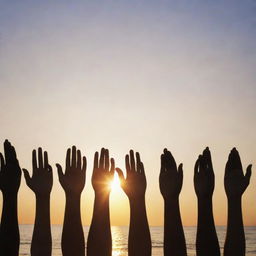 A diverse group of people coming together, hands held high, forming a human chain, signifying solidarity. The background showcases a sunrise, symbolizing a new beginning.