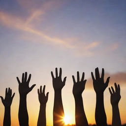 A diverse group of people coming together, hands held high, forming a human chain, signifying solidarity. The background showcases a sunrise, symbolizing a new beginning.