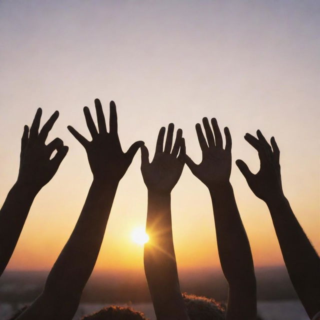 A diverse group of people coming together, hands held high, forming a human chain, signifying solidarity. The background showcases a sunrise, symbolizing a new beginning.